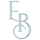 Decorative monogram logo in light blue with the letters E and B intertwined