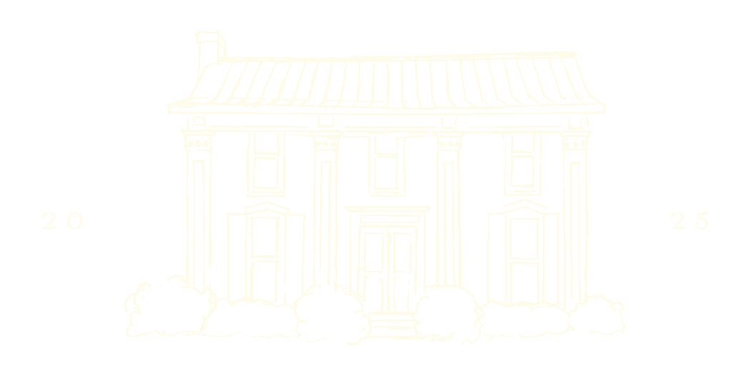 Light cream sketch of a colonial house with the established date 2025